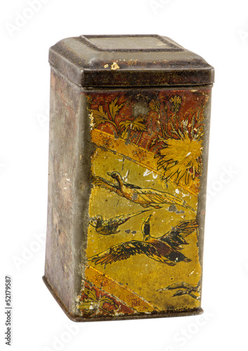 vintage grunge tin box tea coffee isolated white