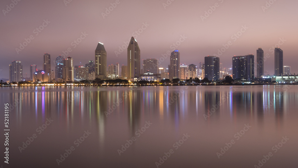 San Diego California City Skyline Midnight Bay Reflection