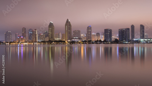San Diego California City Skyline Midnight Bay Reflection