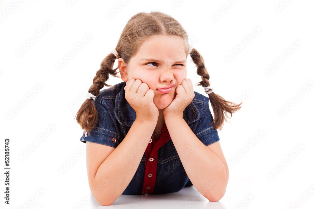 Angry little young girl child, isolated on white background Angry little young girl child, isolated on white background