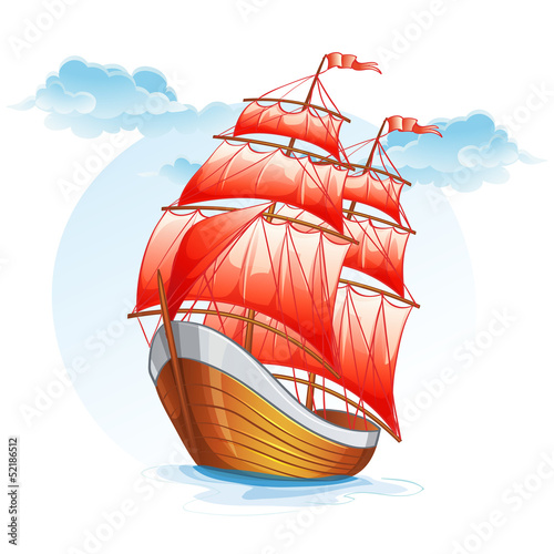 Cartoon images of a sailboat with red sails.