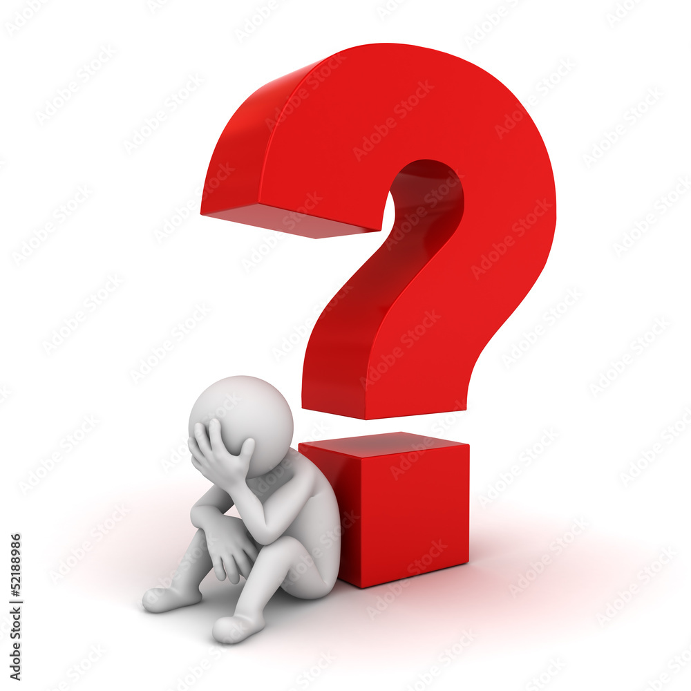 3D Man sitting with red question mark over white background 3D Man sitting with red question mark over white background