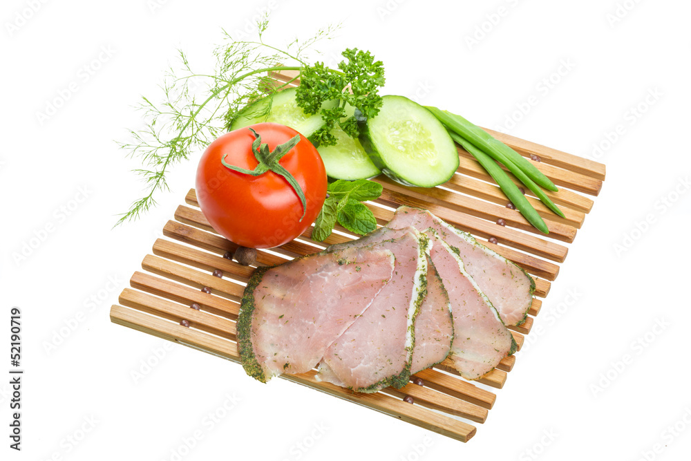 Ripe fresh ham with vegetables