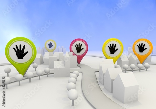 Illustration of a symbol hand sign on four map marker