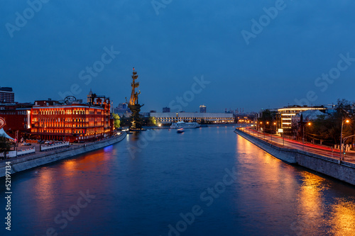 Peter the Great Monument on Moscow River Embankment in the Eveni