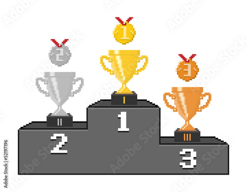 Pixel podium with trophy cups and medals. Vector illustration.