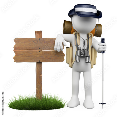 Fototapeta Naklejka Na Ścianę i Meble -  3D white people. Hiker with wooden sign