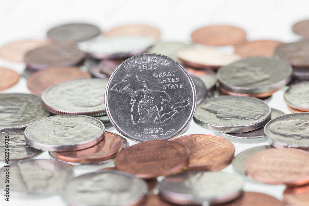 Michigan State Quarter reverse coin extreme close up Michigan State Quarter reverse coin extreme close up