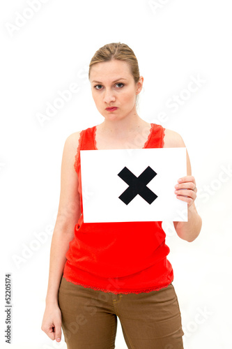 young woman with board NO