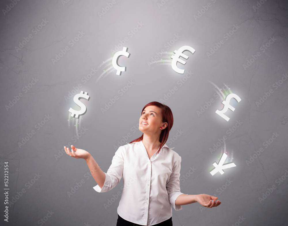 young lady standing and juggling with currency icons young lady standing and juggling with currency icons