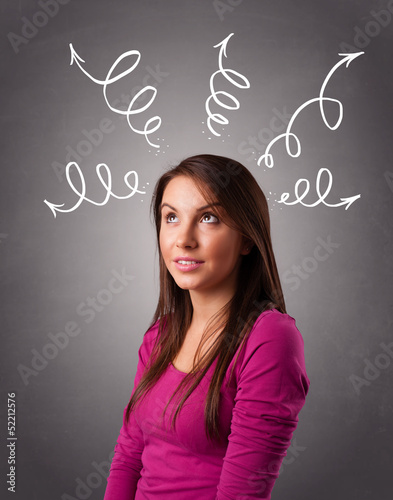 Young woman thinking with arrows overhead