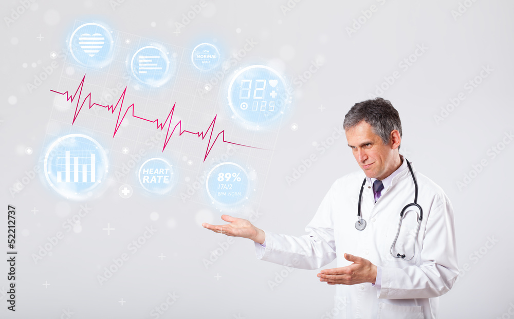 Doctor examinating modern heartbeat graphics Doctor examinating modern heartbeat graphics