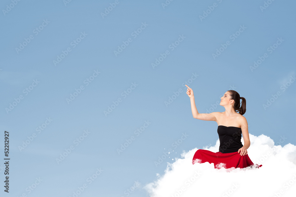 Young woman sitting on cloud with copy space Young woman sitting on cloud with copy space