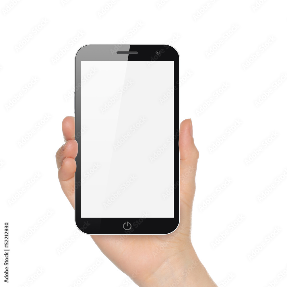 Hand holding big smart phone on white background . Hand holding big smart phone on white background .