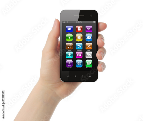 Woman hand holds smart phone with icons on white background .