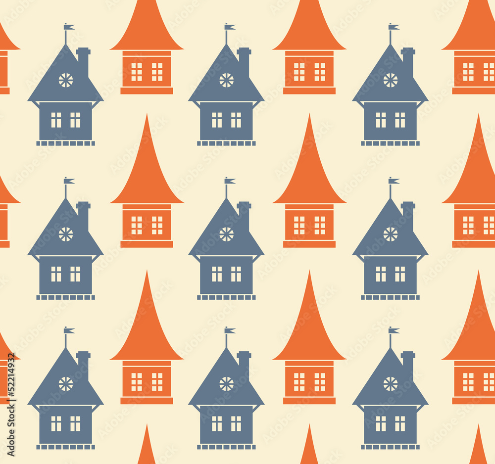 Seamless pattern with different silhouettes of houses