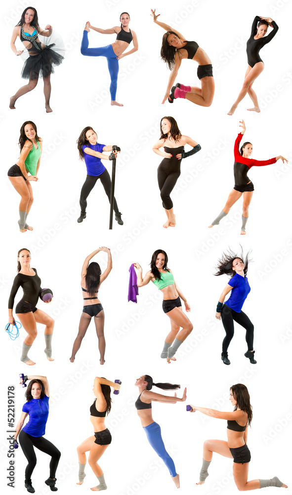 Fototapeta premium Young woman exercising collage - yoga,fitness,pilates,aerobics