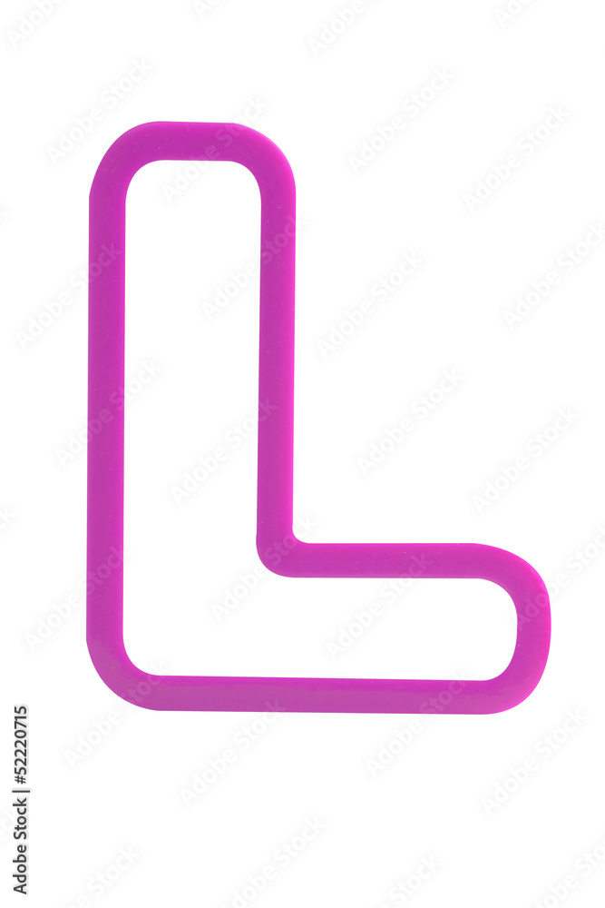 Plastic hollow alphabet (L) on white background with work path