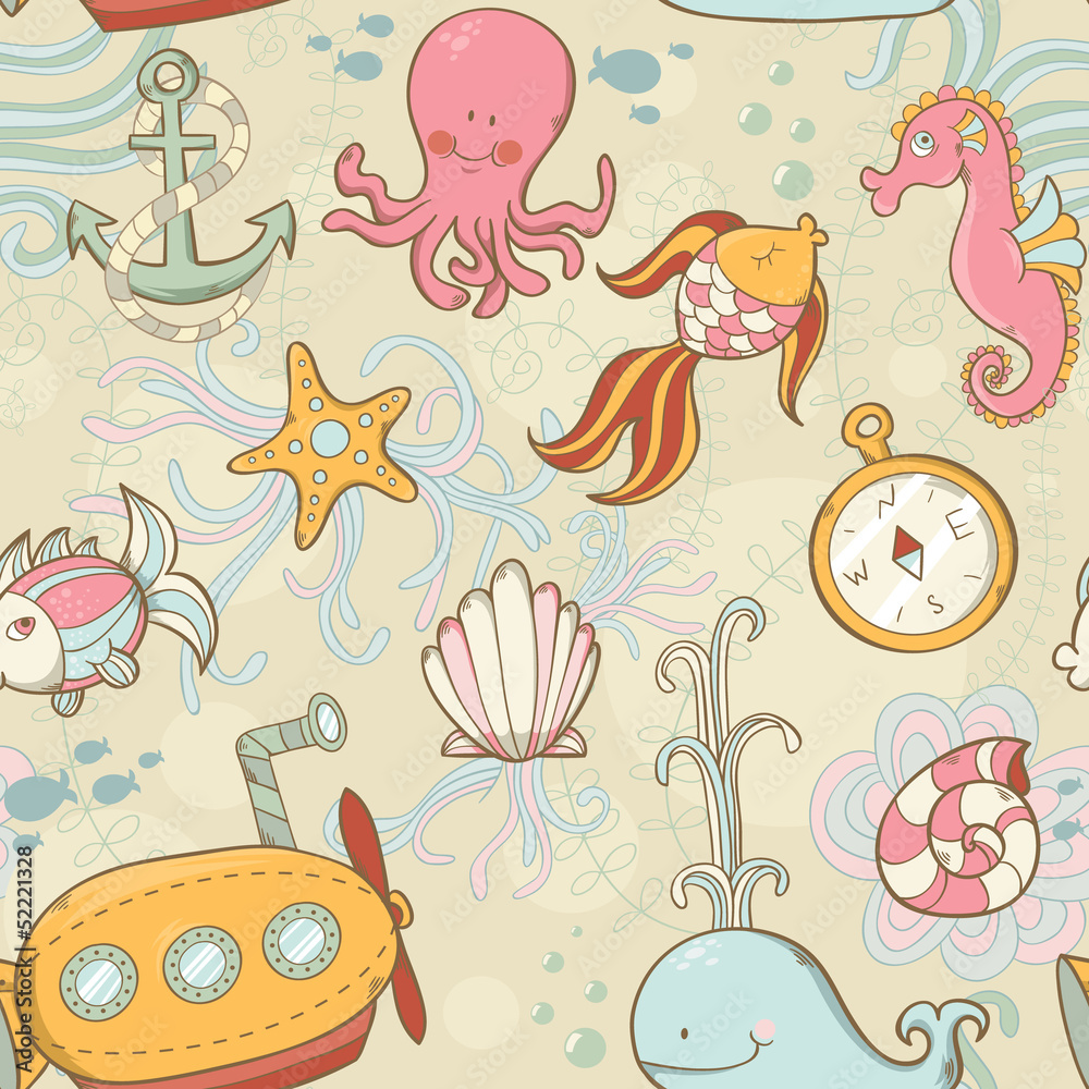 Fototapeta Underwater creatures cute cartoon seamless pattern