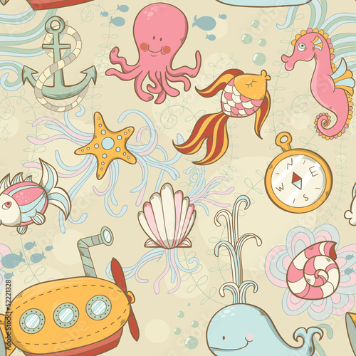 Underwater creatures cute cartoon seamless pattern