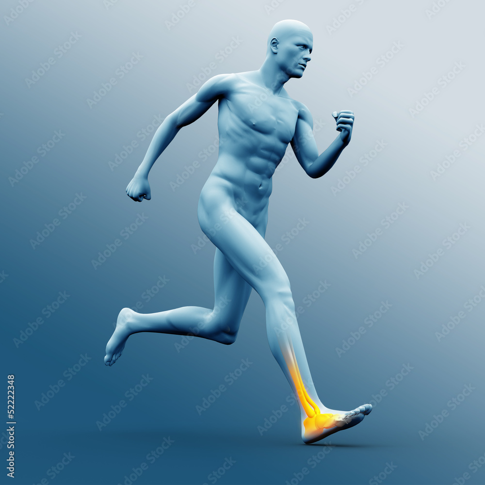 Blue human figure running with highlighted ankle Blue human figure running with highlighted ankle