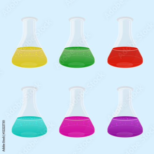 Set of multicolour liquid in laboratory flasks