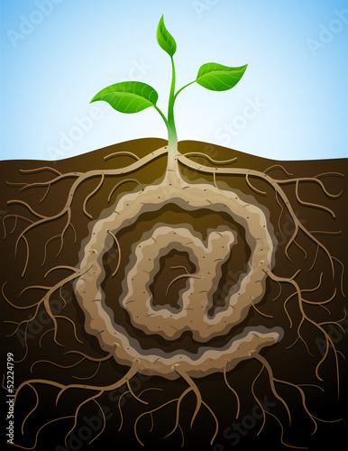 Vector concept of germination "at" symbol with roots and tuber
