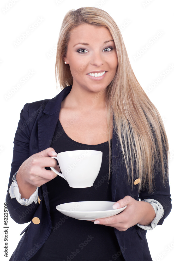 Happy blond woman drinking from a white cup Happy blond woman drinking from a white cup
