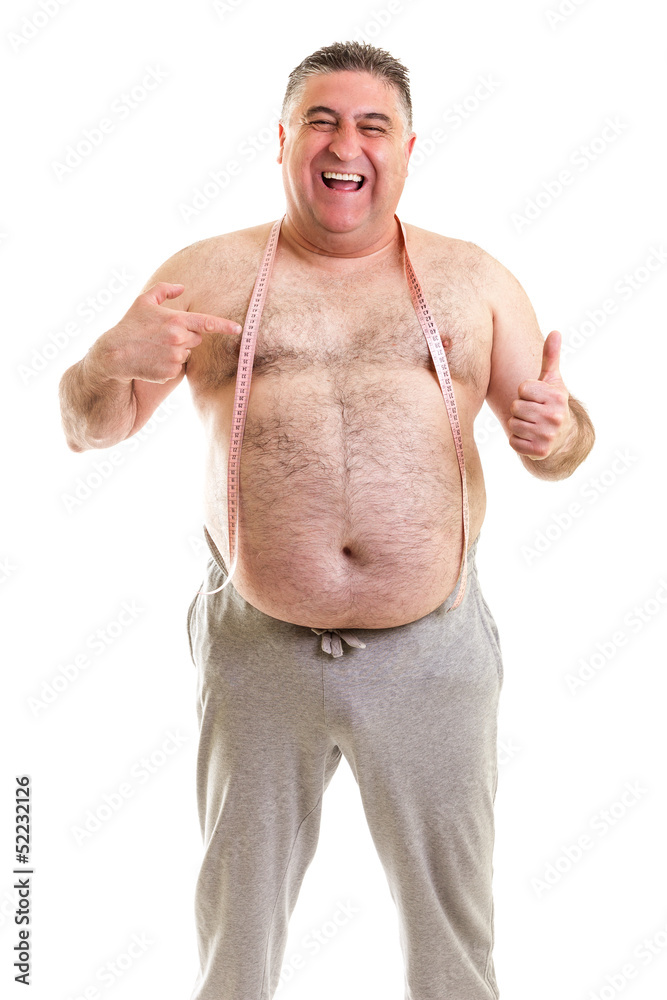 Happy fat man with a tape measure around his neck