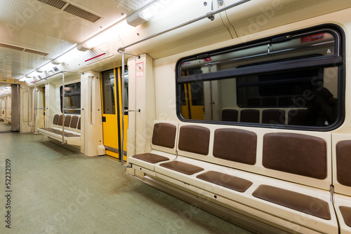 Subway car interior, inside empty metro train in Moscow, Russia