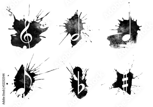 Ink splatter, music icons set on white background