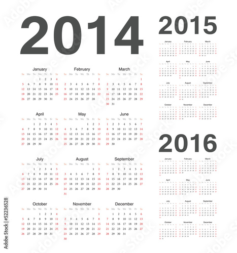 Simple european 2014, 2015, 2016 year vector calendars