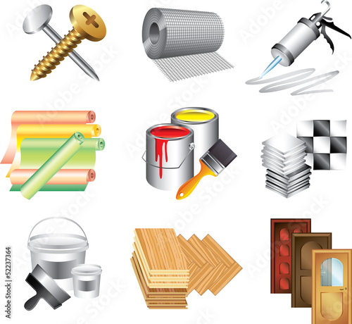 building materials icons detailed vector set