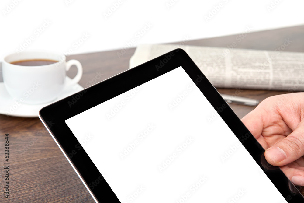 businessman hand holding a tablet with isolated screen against t