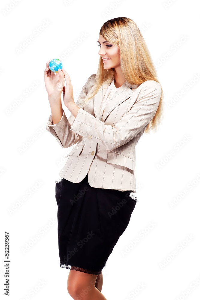 Pretty smiling woman holding a world globe. Business woman Pretty smiling woman holding a world globe. Business woman