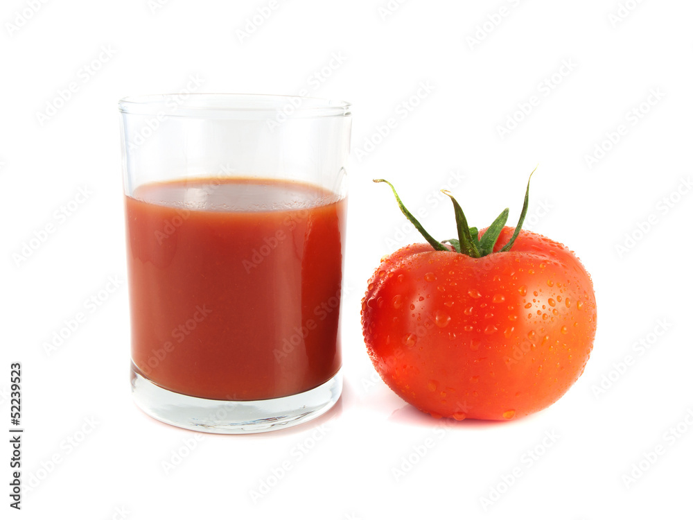 Red ripe tomato with glass of tomato juice (wet) Red ripe tomato with glass of tomato juice (wet)