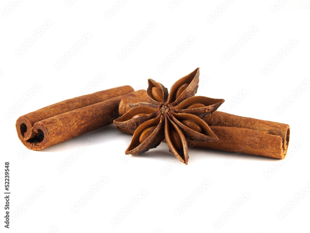 Cinnamon sticks and anise star. Isolated