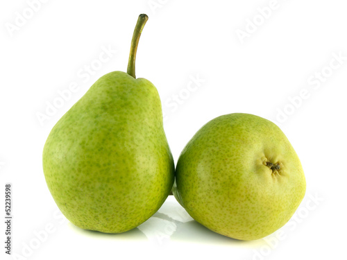Two ripe green pear on white background.
