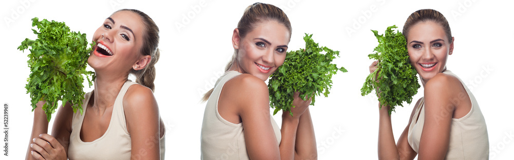 Happy young woman with bundle herbs salat in hands Happy young woman with bundle herbs salat in hands