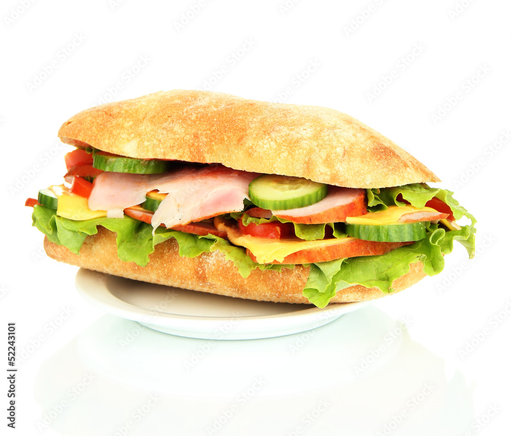 Fresh and tasty sandwich with ham and vegetables isolated Fresh and tasty sandwich with ham and vegetables isolated