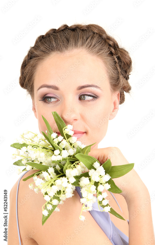 Young woman with beautiful hairstyle and flowers, isolated Young woman with beautiful hairstyle and flowers, isolated