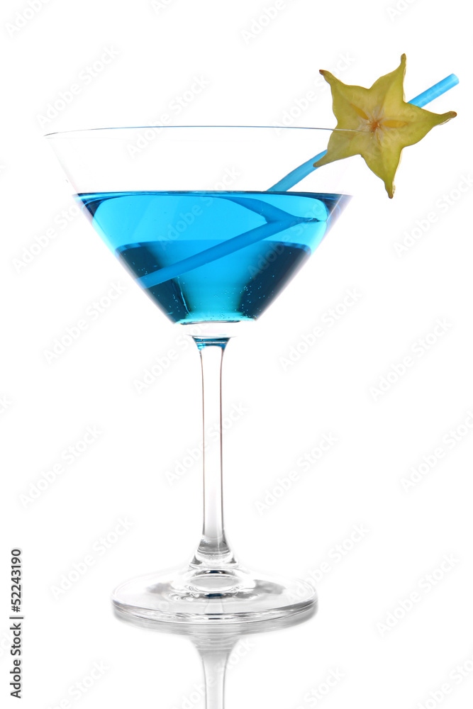 Blue cocktail in martini glass isolated on white