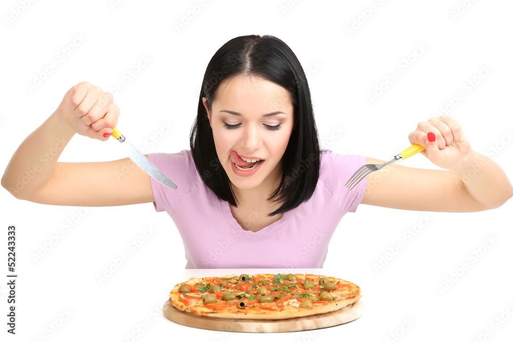 Beautiful girl wants to eat pizza isolated on white Beautiful girl wants to eat pizza isolated on white