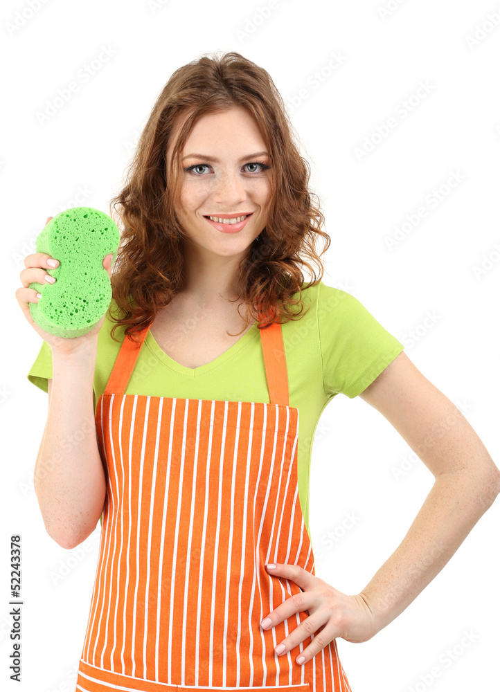 Young housewife with sponge, isolated on white Young housewife with sponge, isolated on white