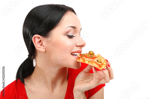 Beautiful girl eats pizza close-up isolated on white