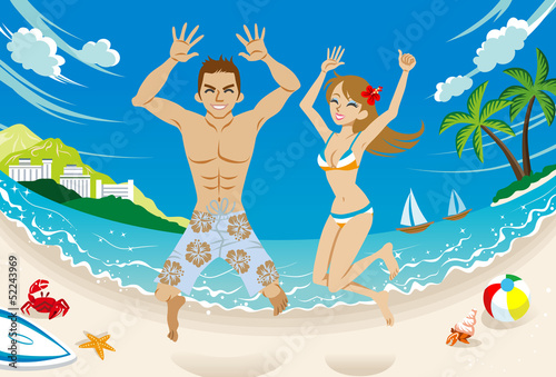 Happy couple  jumping in tropical beach