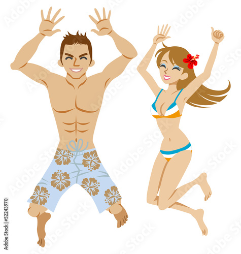 Happy couple  jumping, who wear swimsuit