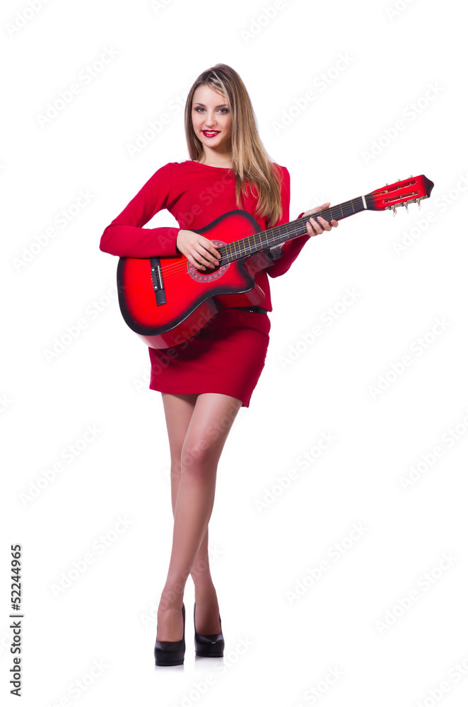 Guitar player woman isolated on white