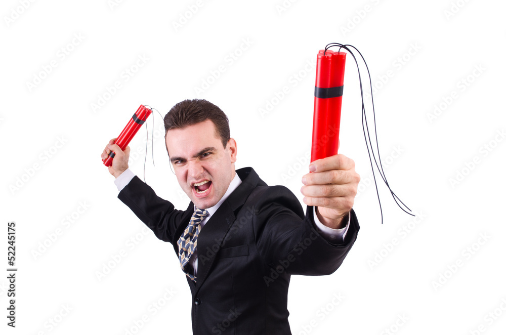 Businessman with dynamite isolated on white Businessman with dynamite isolated on white