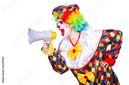 Clown with loudspeaker on white